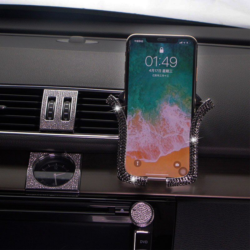 Soporte Universal para teléfono móvil de coche, con cristal de Bing, diamantes de imitación, Clip de montaje para rejilla de ventilación de coche, para iPhone, Samsung, soporte para coche