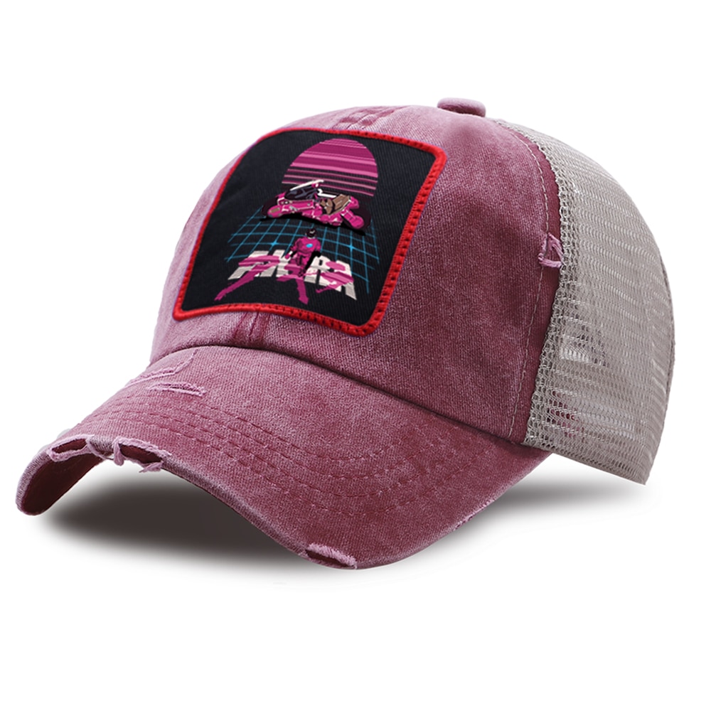 Akira synthwave japan anime baseball hat åndbar casual mesh golf kasketter sport bomuld trucker hatte unisex udendørs snapback cap: Vinrød 6