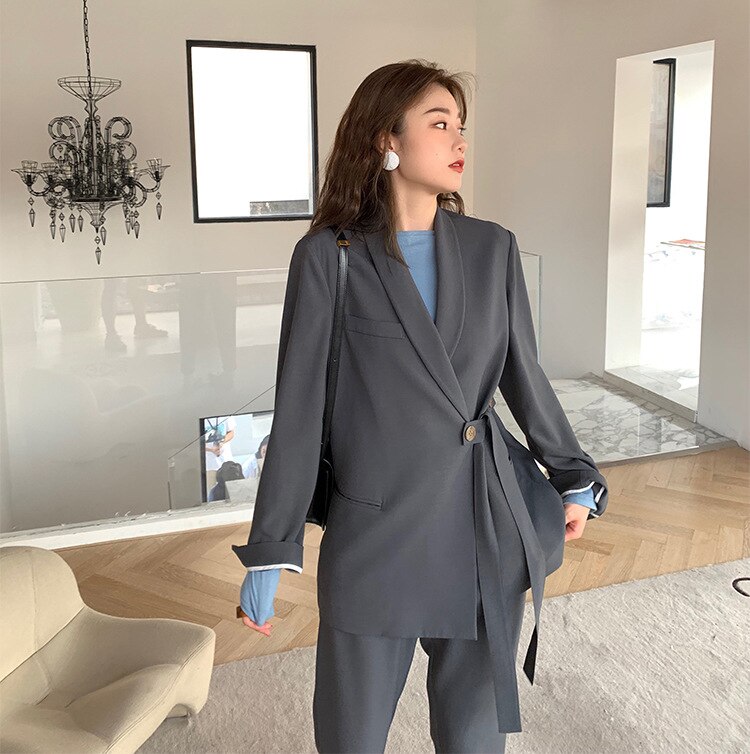 Twee Stuk Grote Size Vrouwen Pak Pak Effen Kleur Mode Herfst Pak