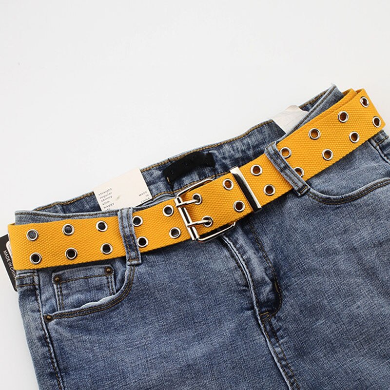 Unisex lærredsbælte til kvinder harajuku dobbelt række hul pin spænde gennemføring jeans mænd bælter kvindelig mandlig talje 427: Gul