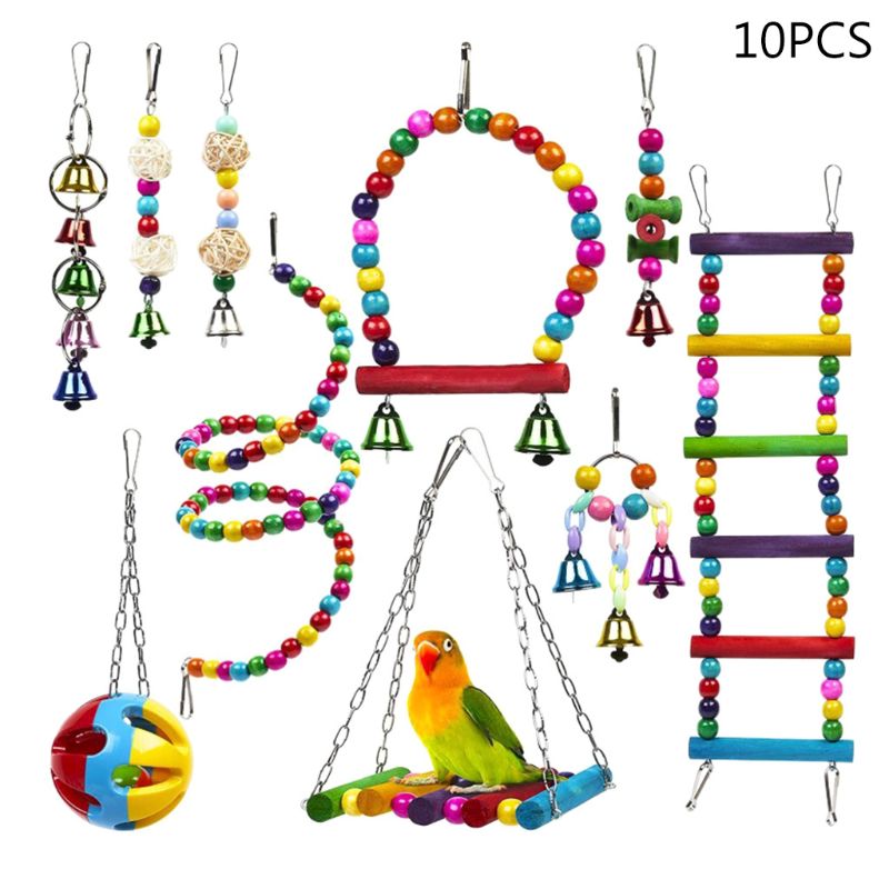 10Pcs Wooden Parrot Ladders Hammock Bird Cage Swing Perch Stand Hanging Chew Ball Bell Puzzle Toys: Default Title