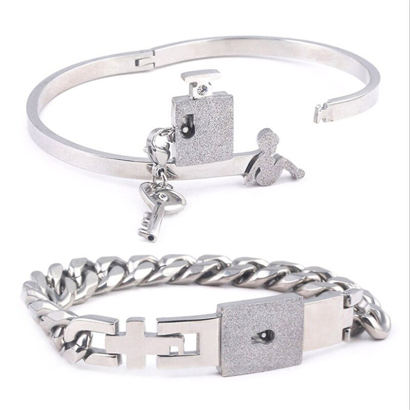 A Couple Lovers Jewelry Love Heart Lock Bracelet Stainless Steel Bracelets Bangles Key Pendant Necklace Jewelry: I