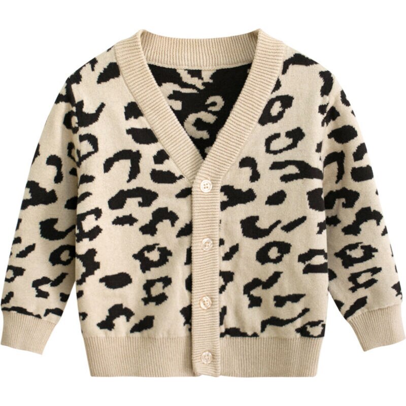 2019 di marca per bambini Del Bambino delle ragazze di Autunno Inverno cappotto di Leopardo manica lunga scollo a v Maglione di lavoro a maglia cappotto Khaki pulsante vestito caldo