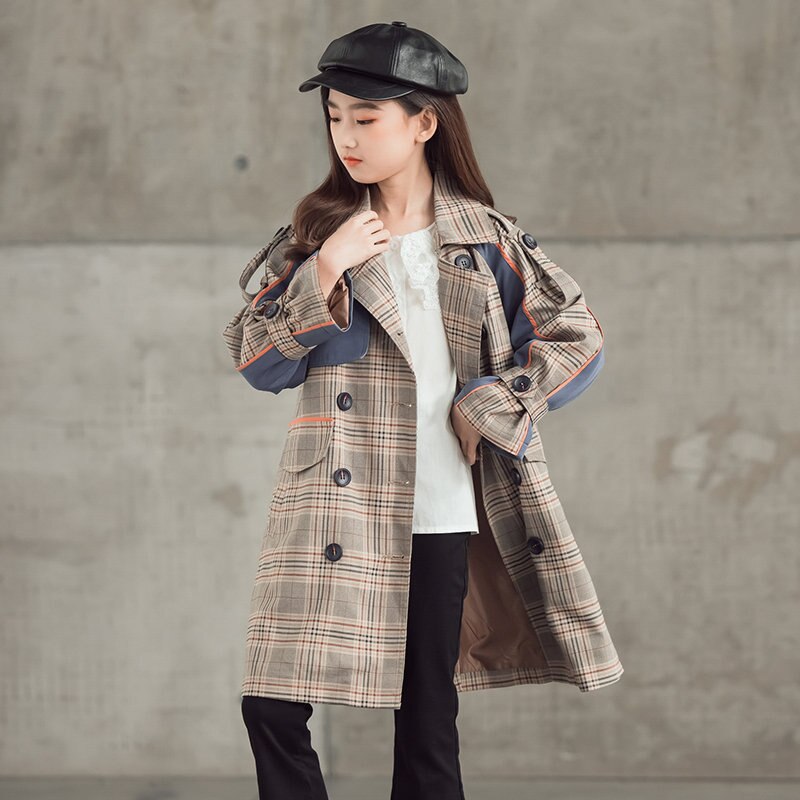 Geul Voor Meisjes Windjack Kids Kleding Overjas Herfst Mode Plaid Bovenkleding Tieners Dubbele-Knop Jassen 10 12 13 14 jaar