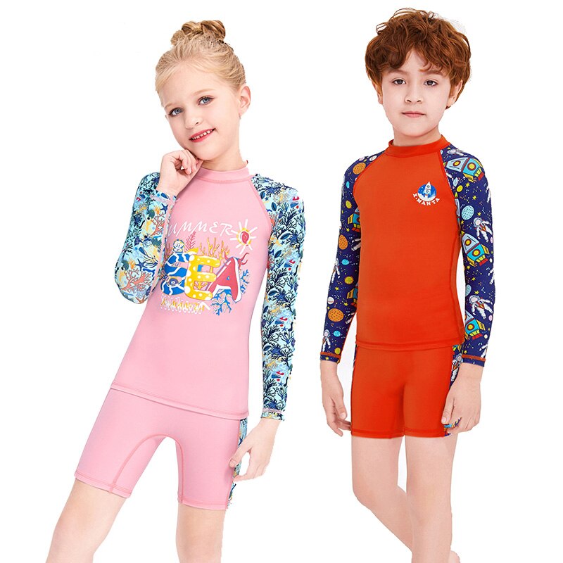 Ragazzi ragazze 2 pezzi set costume da bagno manica lunga camicia da nuoto e fondo protezione solare UV costumi da bagno Rash Guard UPF50 +