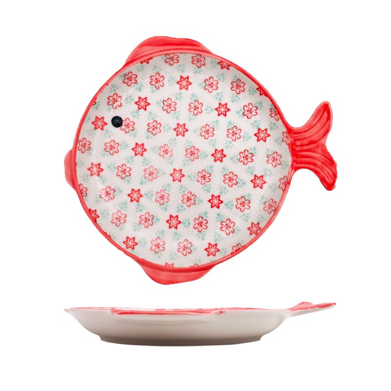 Ceramic Cutlery Fish-shaped Glaze Under The Color Plate Bowl Japanese Cartoon Irregular Bowl Plate Tableware: Plate (Red)