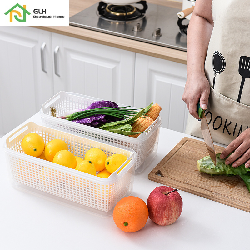 Japanese Plastic Double-Layer Drain Storage Box Rectangle Refrigerator Transparent Sealed Food Preservation Box