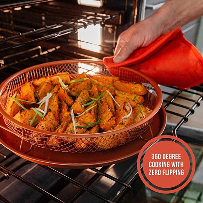 2 Piece Mesh Baking Tray Non-Stick Round Baking Pan Chips Crisping Basket Microwave Oven Copper Baking Tray BBQ Tray Baking Tool