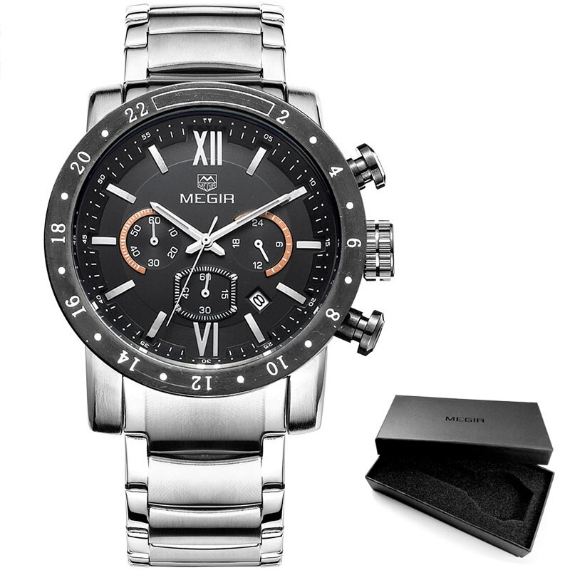 Megir Mode Quartz Horloge Voor Man Waterdichte Lichtgevende Polshorloge Heren Grote Wijzerplaat Horloges 3008: MS3008G-Silver black