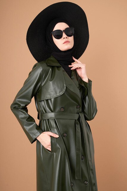 musulmana-gabardina larga de piel sintética con doble botonadura para mujer, cinturón, prendas de vestir, ropa islámica,: green / 3XL / 4XL