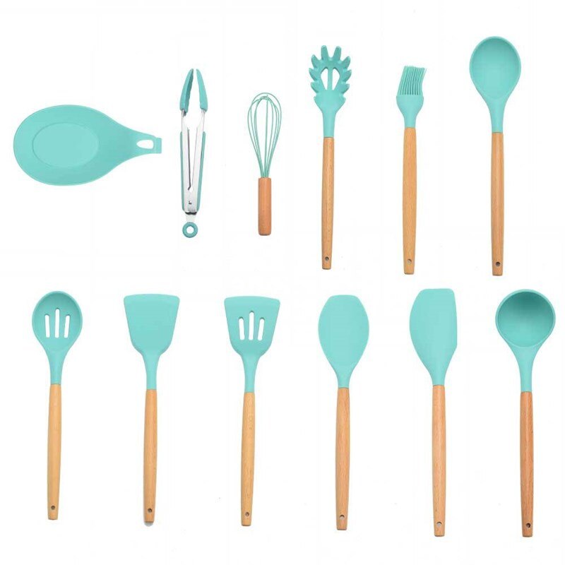 Ensemble d'ustensiles de cuisine en Silicone 11 pièces, poignée en bois massif rose avec boîte de rangement, accessoires d'outils de cuisine Kit de cuisine