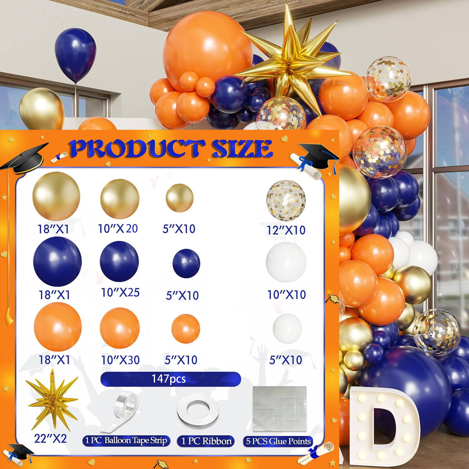 El juego de arco de globos de graduación incluye decoraciones de arco de globos azul, blanco y dorado, adecuadas para decoraciones de clase de 2025: Amarillo fluorescente