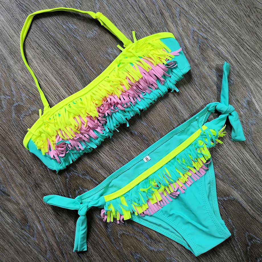 5-12 Years Teenager Girls Swimsuit Kids Swimwear Tassel Big Girl Bikini Halter Top Bathing Suit Fringe Children Girl Swim Wear: 01 / 10(6-7 Years)