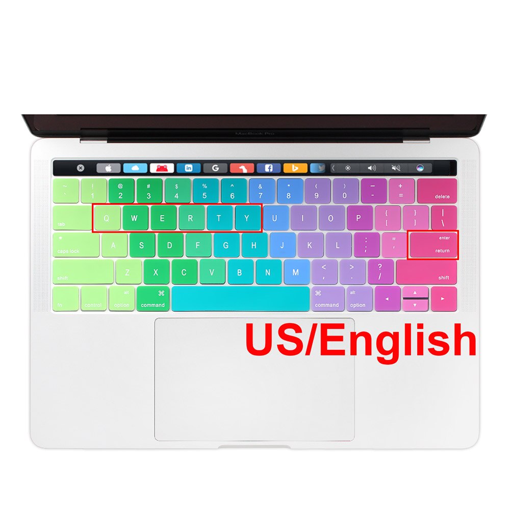 USA USA wprowadź rosyjski arabski ukraina angielski układ cienka miękka klawiatura silikonowa pokrywa dla Macbook Pro 13 15 touch bar 2019 2018: US English Rainbow