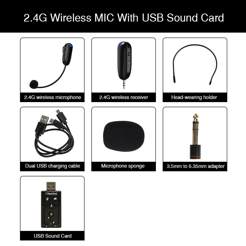 Mini 2.4G Wireless Microphone Systems Speech Headset Megaphone Mic For Computer PC Loudspeaker Teaching Tour Guide: 2.4G mic sound card