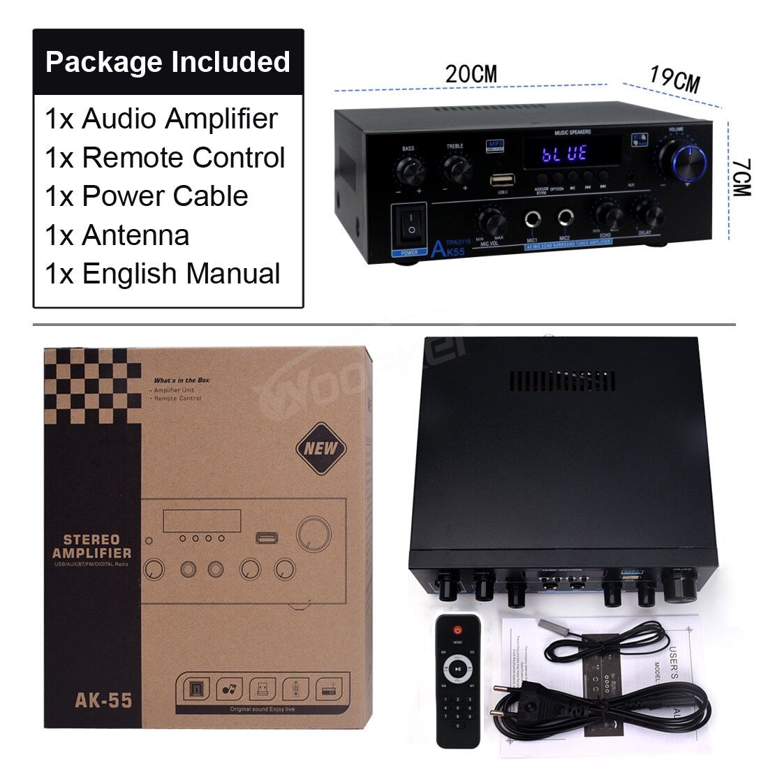 Woopker AK55 Bluetooth Amplifier HIFI Digital Sound Amp Channel 2.0 for Home Car Karaoke 110V/220V MAX 450W+450W Subwoofer