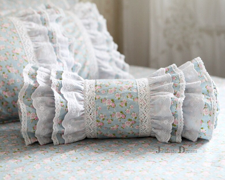 Klassieke blauwe geruite decoratieve kussen in europese stijl, geborduurd snoepkussen, prinsessenkussens met ruches (inclusief vulling): 07