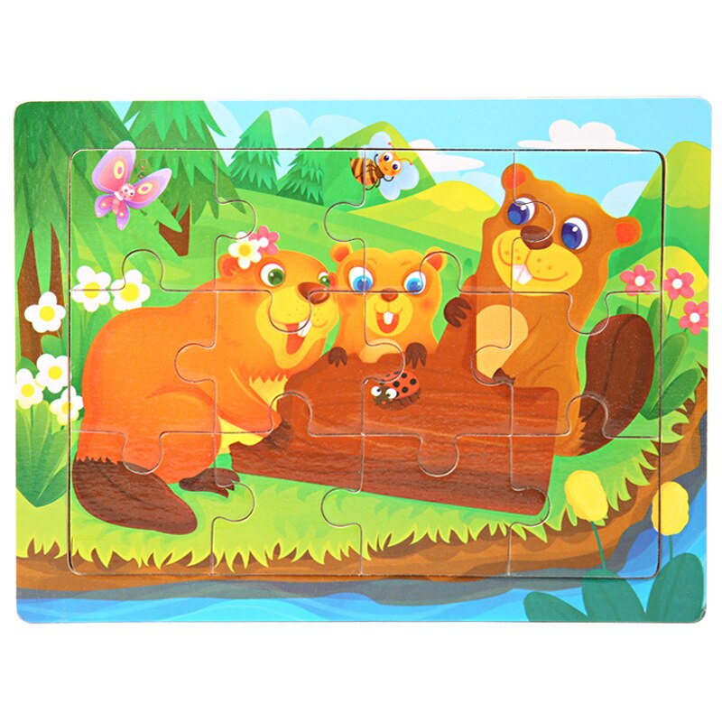 Frühe Bildung Spielzeug Puzzle 1Pcs Holz 12 Stück Baby Cartoon Tier kinder Spielzeug 15*11CM: bear