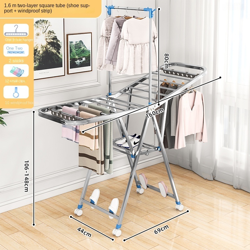 Wielowarstwowy wieszak robić suszenia ubrań ze stali nierdzewnej Składany wieszak na ubrania dla dzieci Wewnętrzny stojak na pranie robić przechowywania pościeli: Jasno szary
