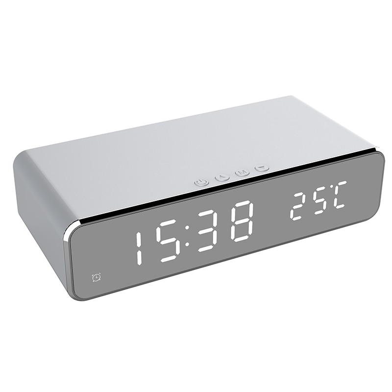 Elektrische Led Wekker Met Mobiele Telefoon Draadloze Oplader Hd Klok Spiegel Met Tijd Geheugen Digitale Thermometer Klok: silver