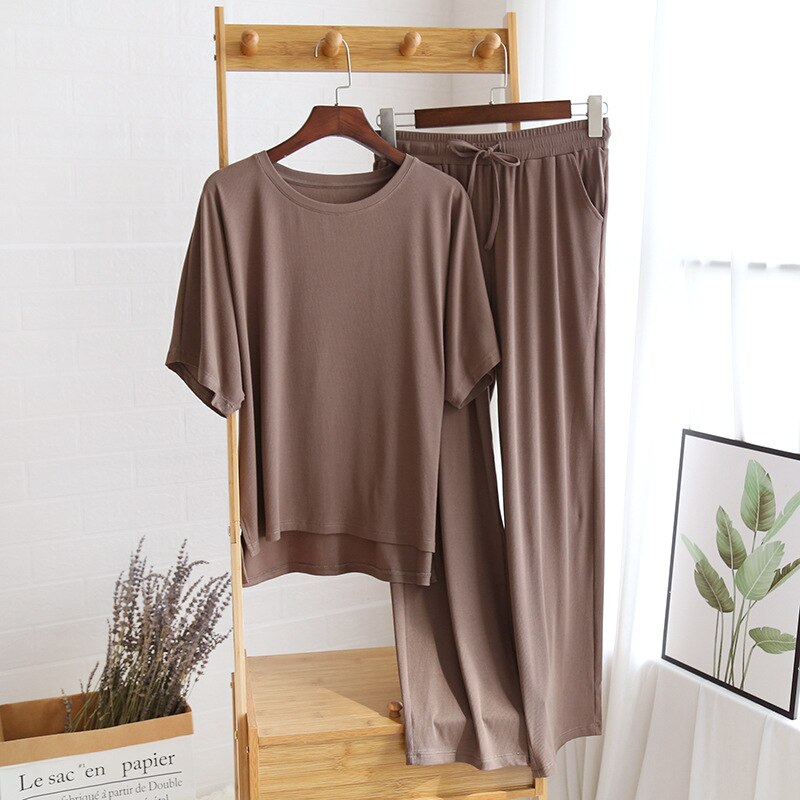 Plus size modal algodão conjunto pijama feminino solto casual homewear terno 2 pçs roupas de verão em casa senhoras manga curta pijamas terno: Coffee / L