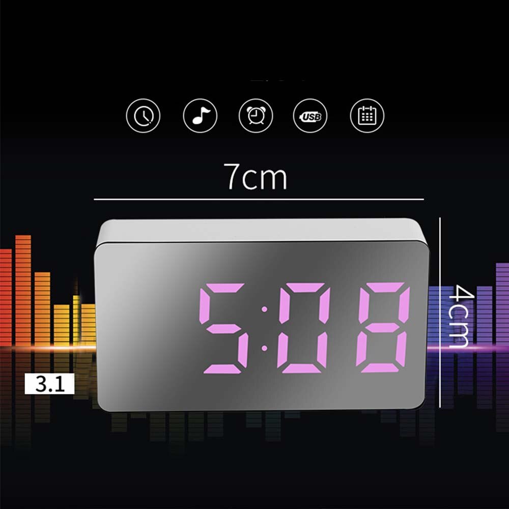 Alarma Digital de reloj con espejo y luz LED, posponer y visualización de hora nocturna, multifuncional, LCD, mesa de luz, escritorio, USB, 5v, sin batería, decoración del hogar
