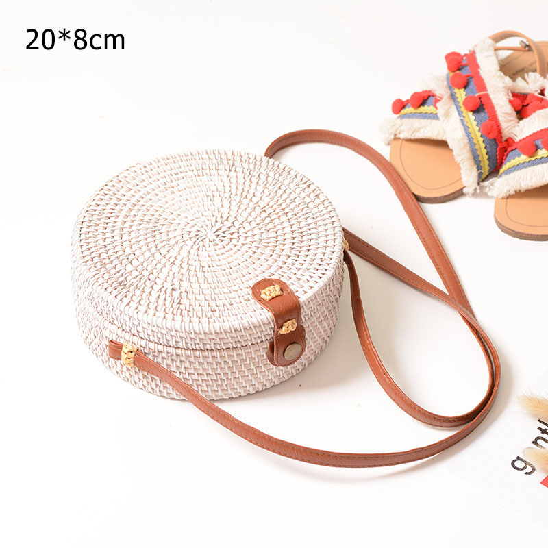 Sac de plage sacs à bandoulière en paille femmes sacs à Main en rotin tissé Sac à Main pour dames ronde sacs à Main en rotin femmes cercle Sac de paille: white