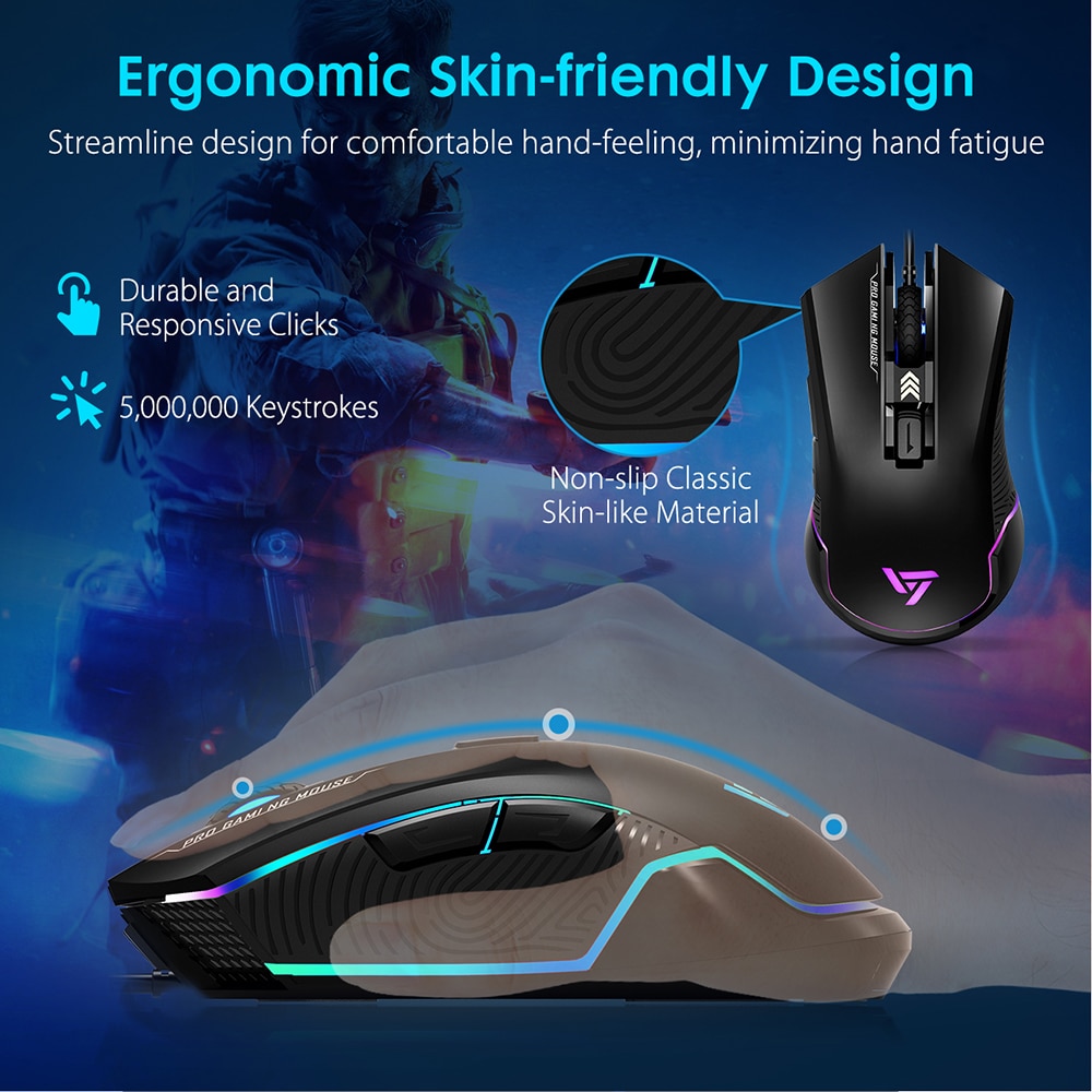 VicTsing PC109 Gaming Mouse Wired PC Gamer Mouse 7250 DPI 6 Buttons Optical Mice Ergonomic With Side Buttons RGB Backlit