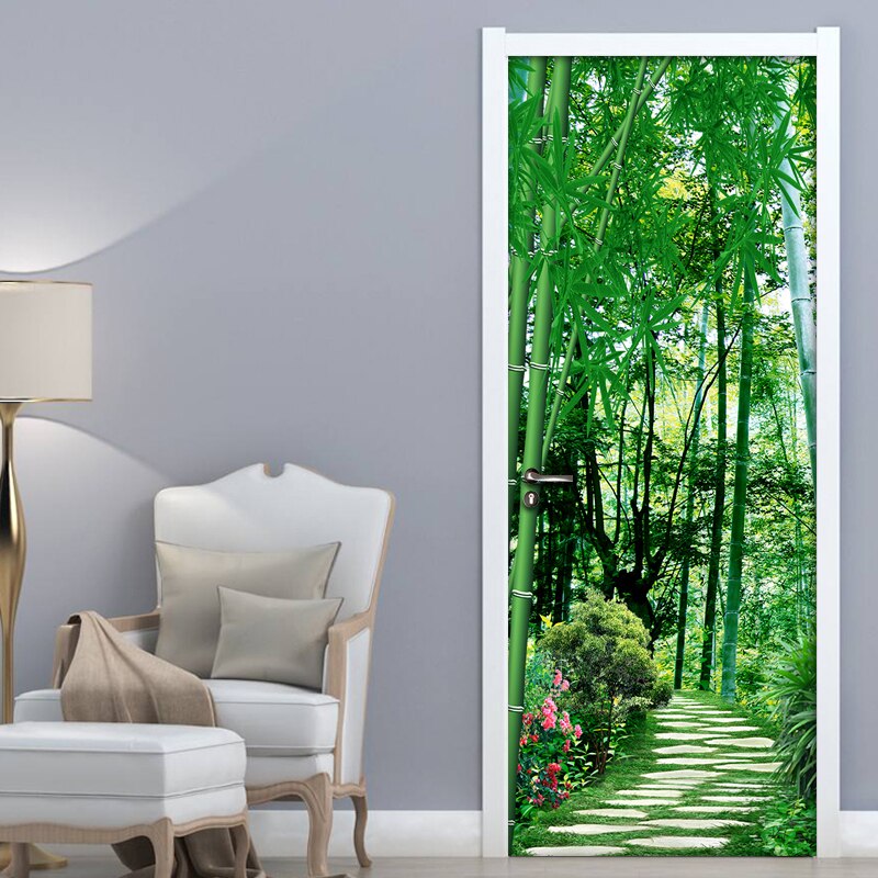 Door Stickers Nature for Living Room Bedroom Door Wallpaper Self-Adhesive Wall Decals 3D Bamboo Forest Photo Wallpaper Sticker
