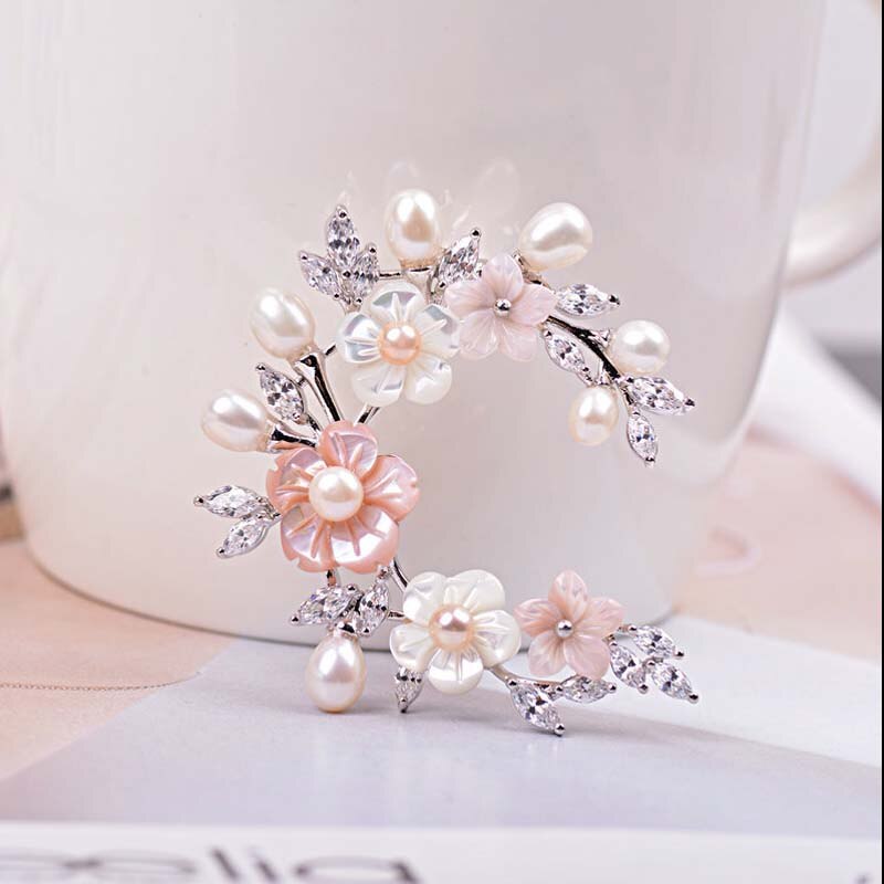 Red Trees Flower Brooch Pin For Women Wedding Bridal Jewelry With Freshwater Pearl & Cubic Zircon