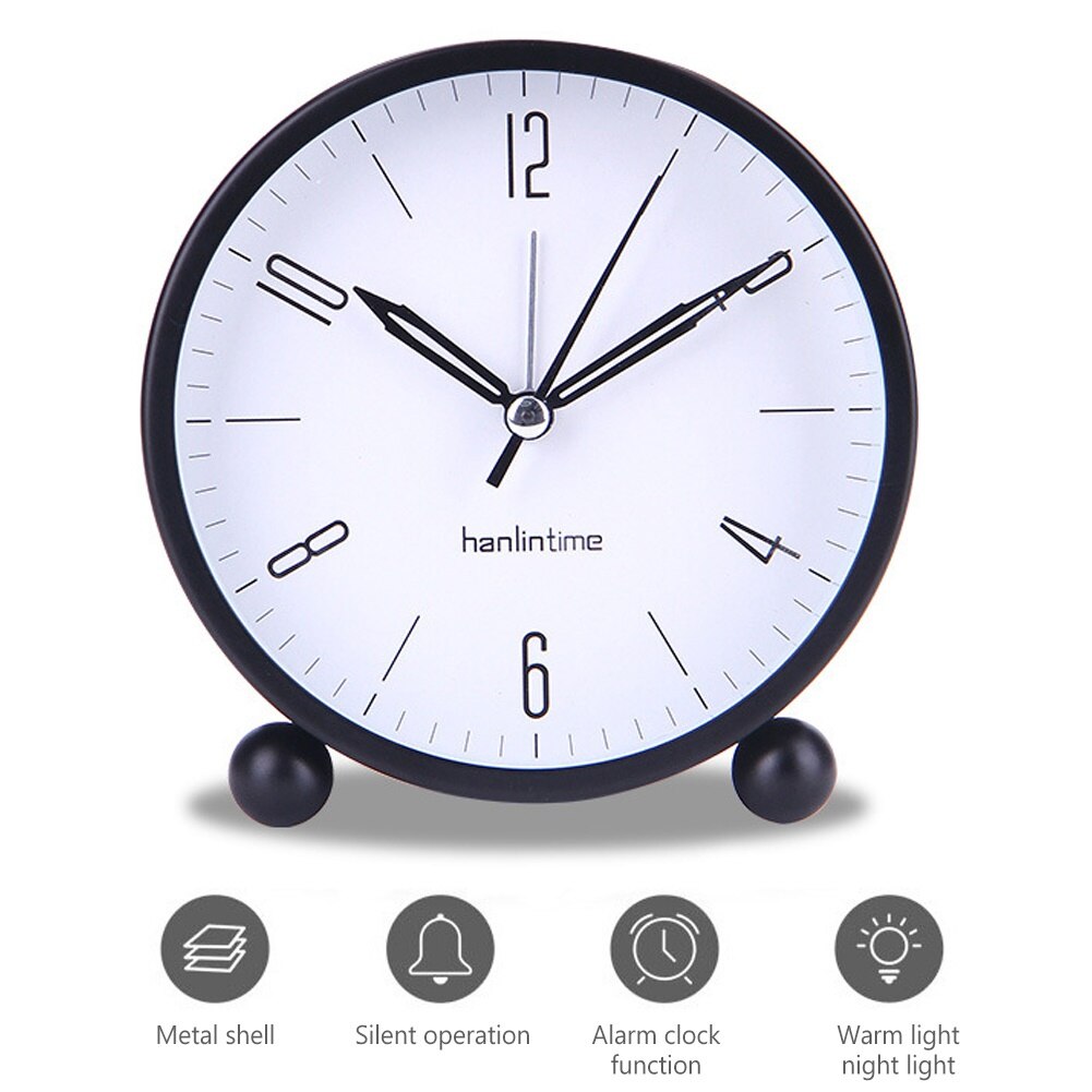 4inch Metal Round Alarm Clock Quiet Desktop Bedroom Battery Operated Timepiece Round is simple and . in bedroom,