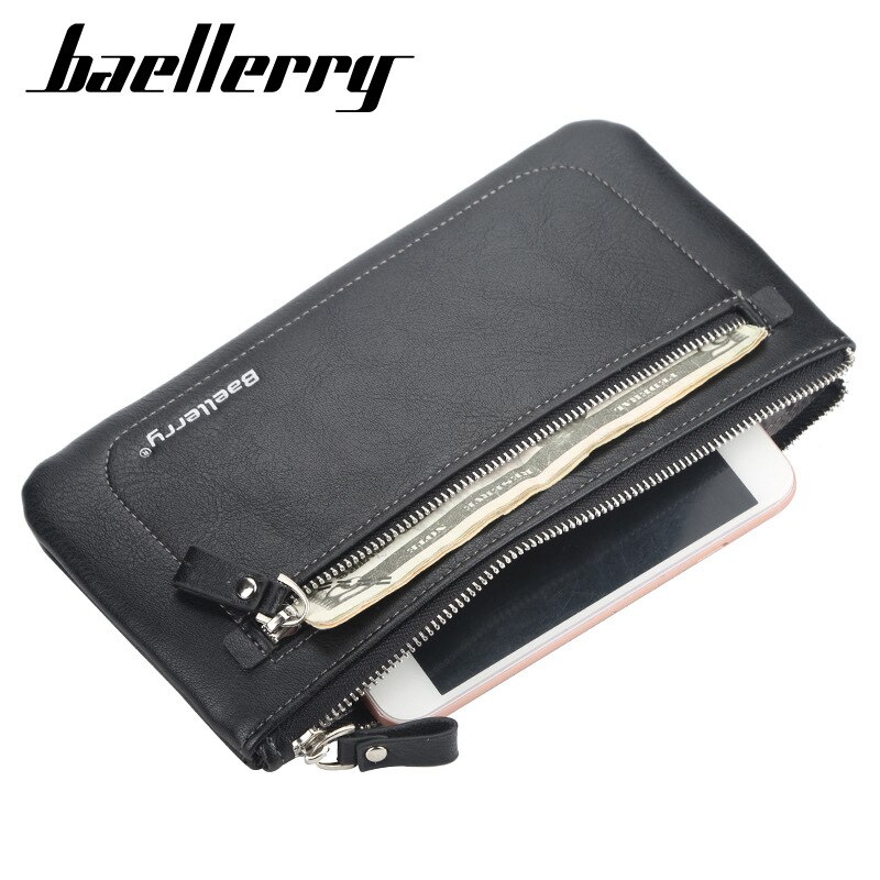 Baellerry mænd lang clutch tynd sektion lynlås stor kapacitet mobiltelefon taske læder pung understøtter gravering navne