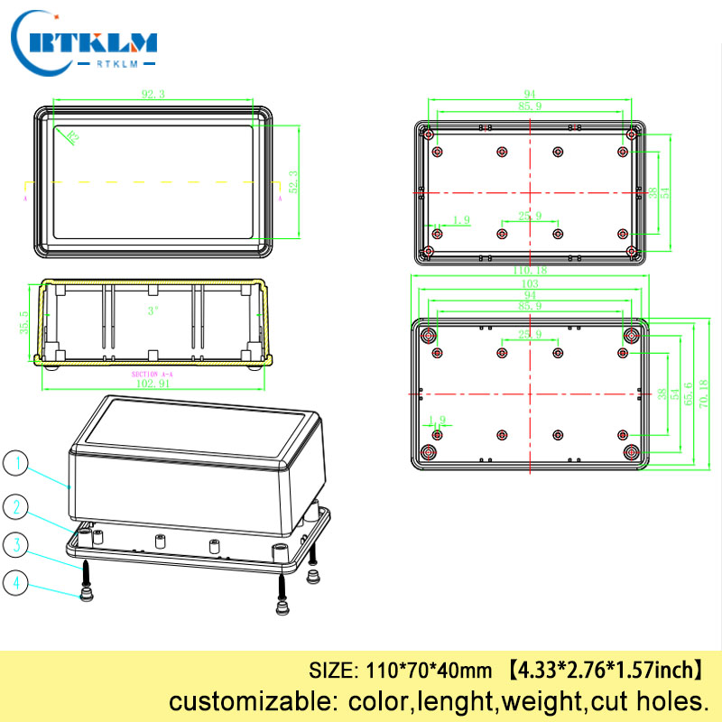 Plastic elektronische aansluitdoos Kleine plastic doe-het-zelf elektrische instrumentenbehuizing ABS Plastic behuizing Op maat 110 * 70 * 40 mm