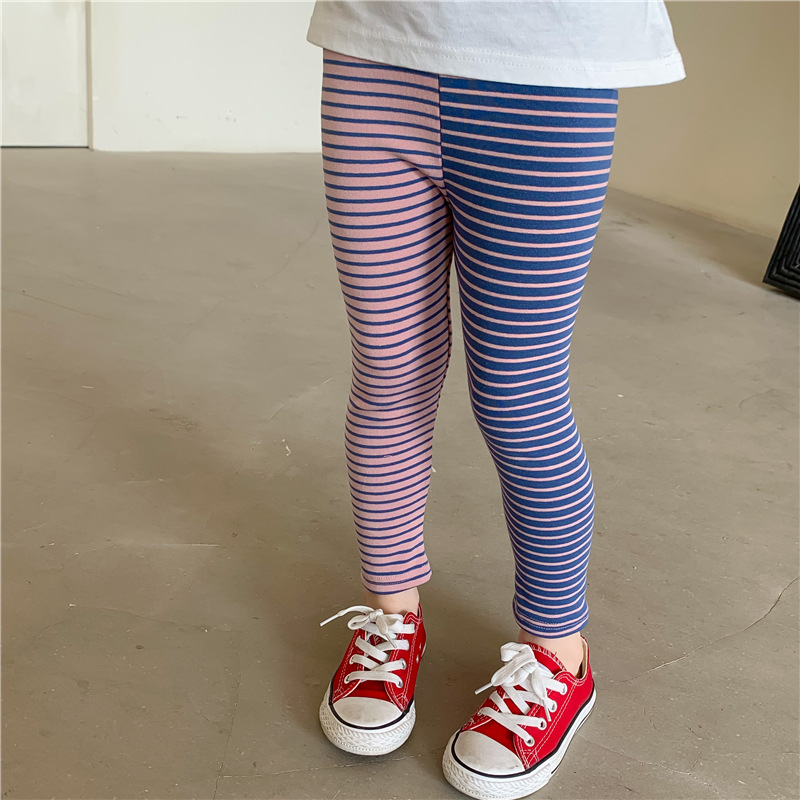 2022 Spring Girls Leggings Kids Pink and Purple Patchwork Striped Skinny Pants Children Elastic Trousers