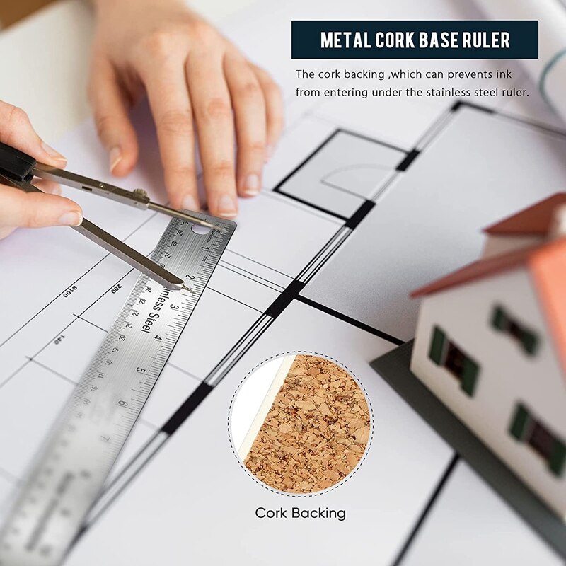 Stainless Steel Cork Backed Metal Ruler, Non Slip Straight Edge with Cork Backing, (2 Pieces 1 X 6 Inch, 1 X 12 Inch)