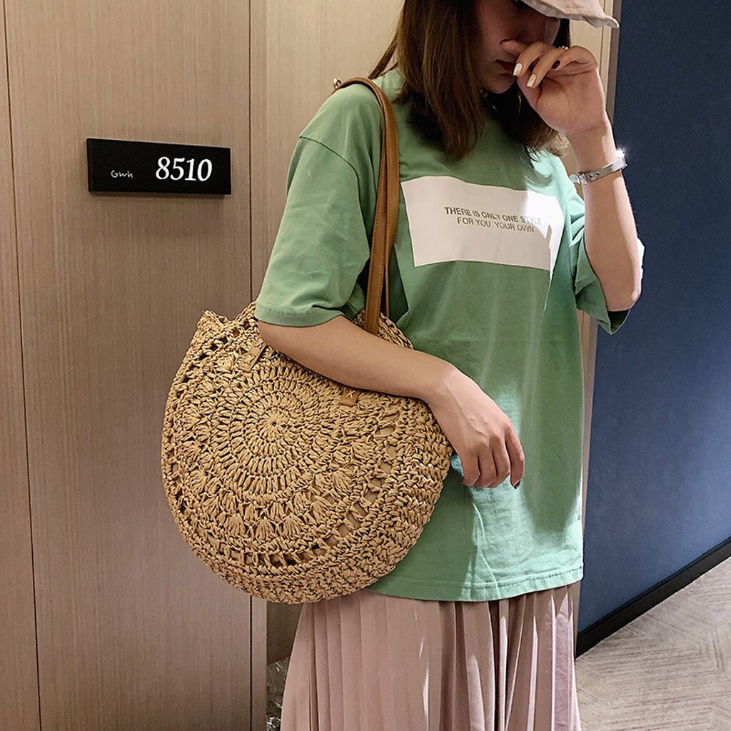 20# Summer Beach Large Capacity Bags Women's Retro Woven Shoulder Bag Floral Handbag Woven Bag Ladies Beach Straw Bags