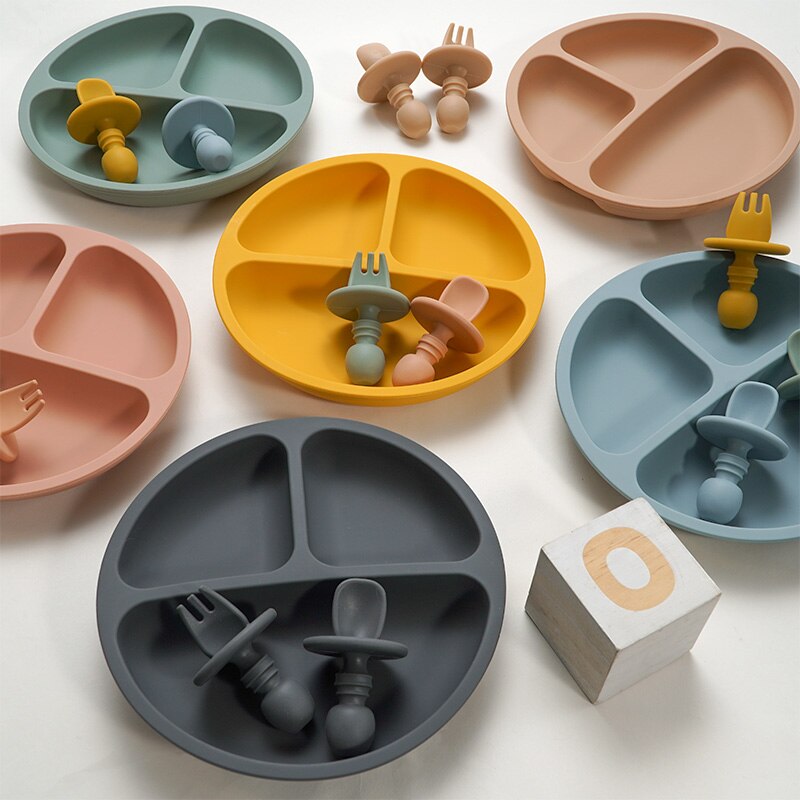 Ensemble d&#39;assiettes en silicone solide, vaisselle d&#39;apprentissage pour bébés, à la , avec fourchette, cuillère, sans BPA