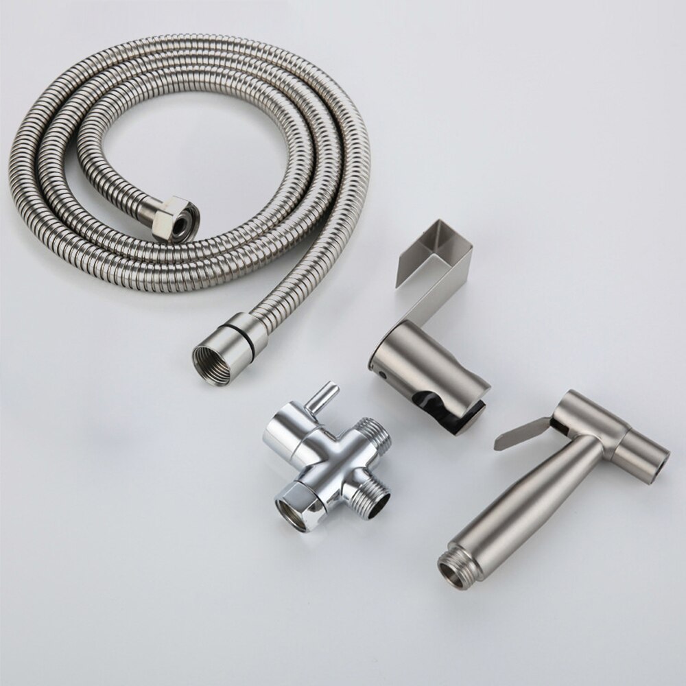 Stainless Steel Toilet Hand Bidet Faucet Bathroom Bidet Shower Sprayer Brass T adapter 1.5m Hose Tank Hooked Holder easy install