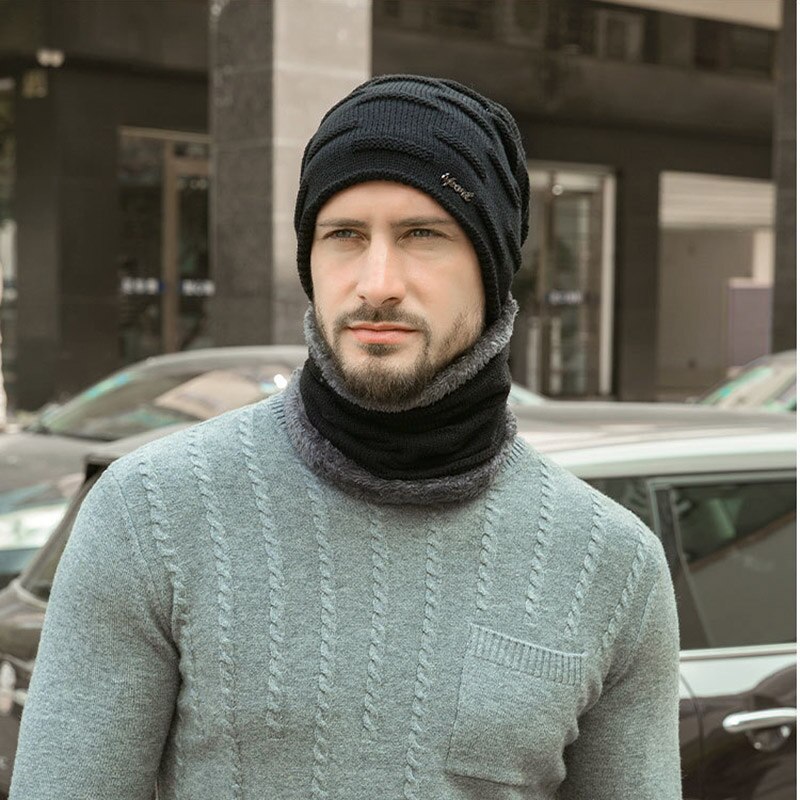 Czapki zimowe typu czapka bez daszka zestaw szalików 2019 ciepłe czapki z dzianiny czapka z czaszkami szyi cieplej z grubym podszyty polarem czapka zimowa i szalik dla mężczyzn