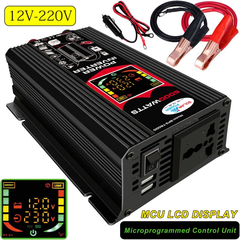 Car Sine Wave Converter 2 USB Modified 6000W Digital Car Inverter DC 12V to AC 220/110V Dual USB Modified Sine Wave Converter