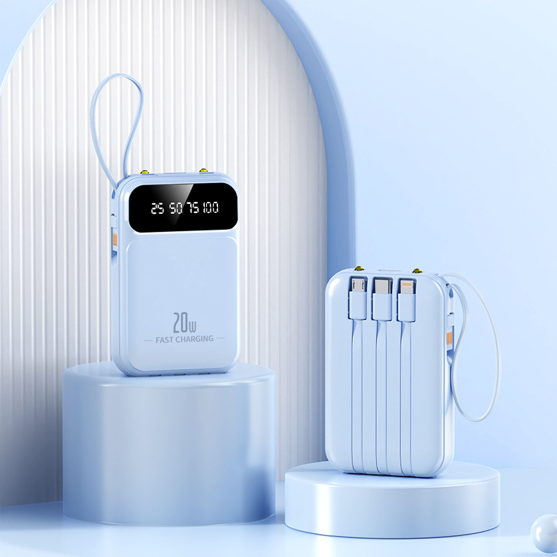 4-In-1 Power Bank 20000mah Built-In Cable 20W Fast Charging Powerbank Waterproof Portable Mobile Phone External Battery Charger: Blue / 10000mAh