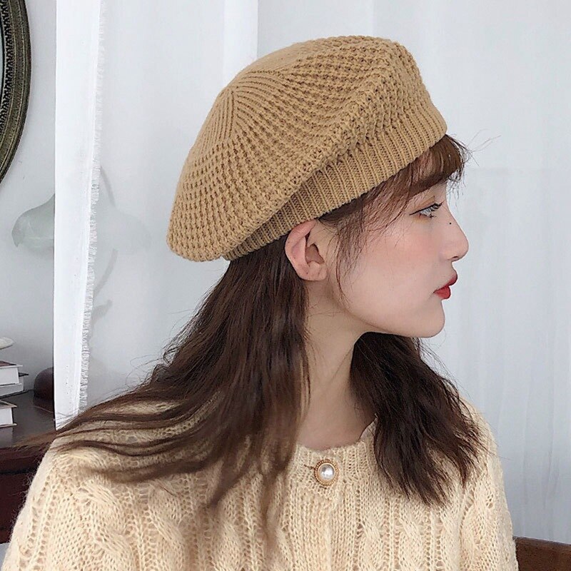 Women Knitted Beret Hat Painter Hat Solid Korean Version Vintage Beanie Hat Caps: Khaki