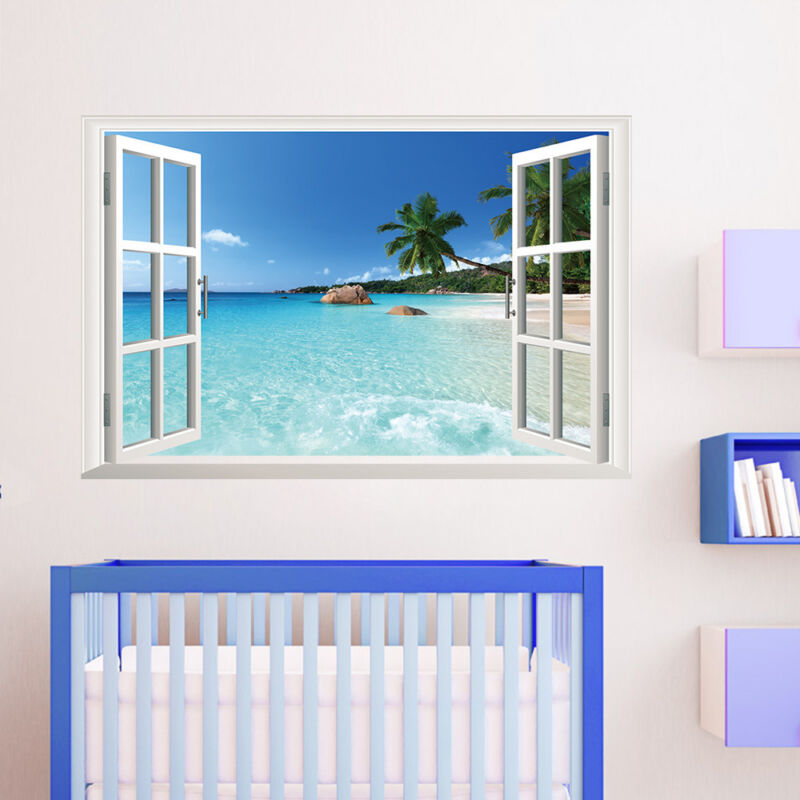 3D Removable Beach Sea 3D Window Scenery Wall Sticker Home Decor Decals Mural Waterproof Art Wall Paper Poster