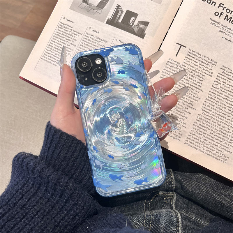 Bonita funda de teléfono para Apple iPhone 16 Pro 14 15 13 Pro Max, funda trasera con colgante de silicona Kawaii Ripple Vortex Fish, fundas 15Pro
