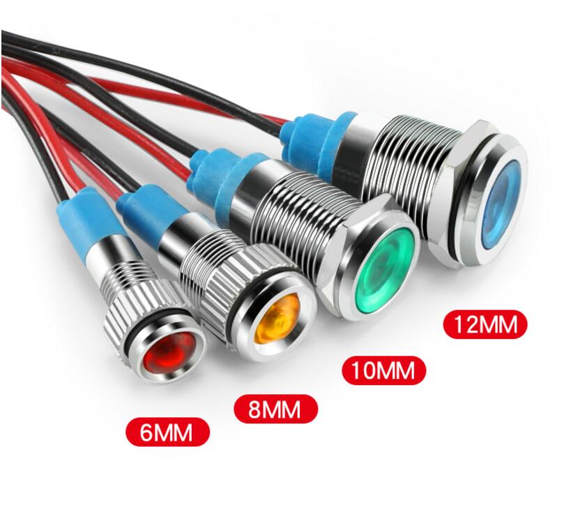 16mm mini metal led pilot panel instrumentbræt signal indikator advarselslys 15cm kabel krom finish bilbåd marine