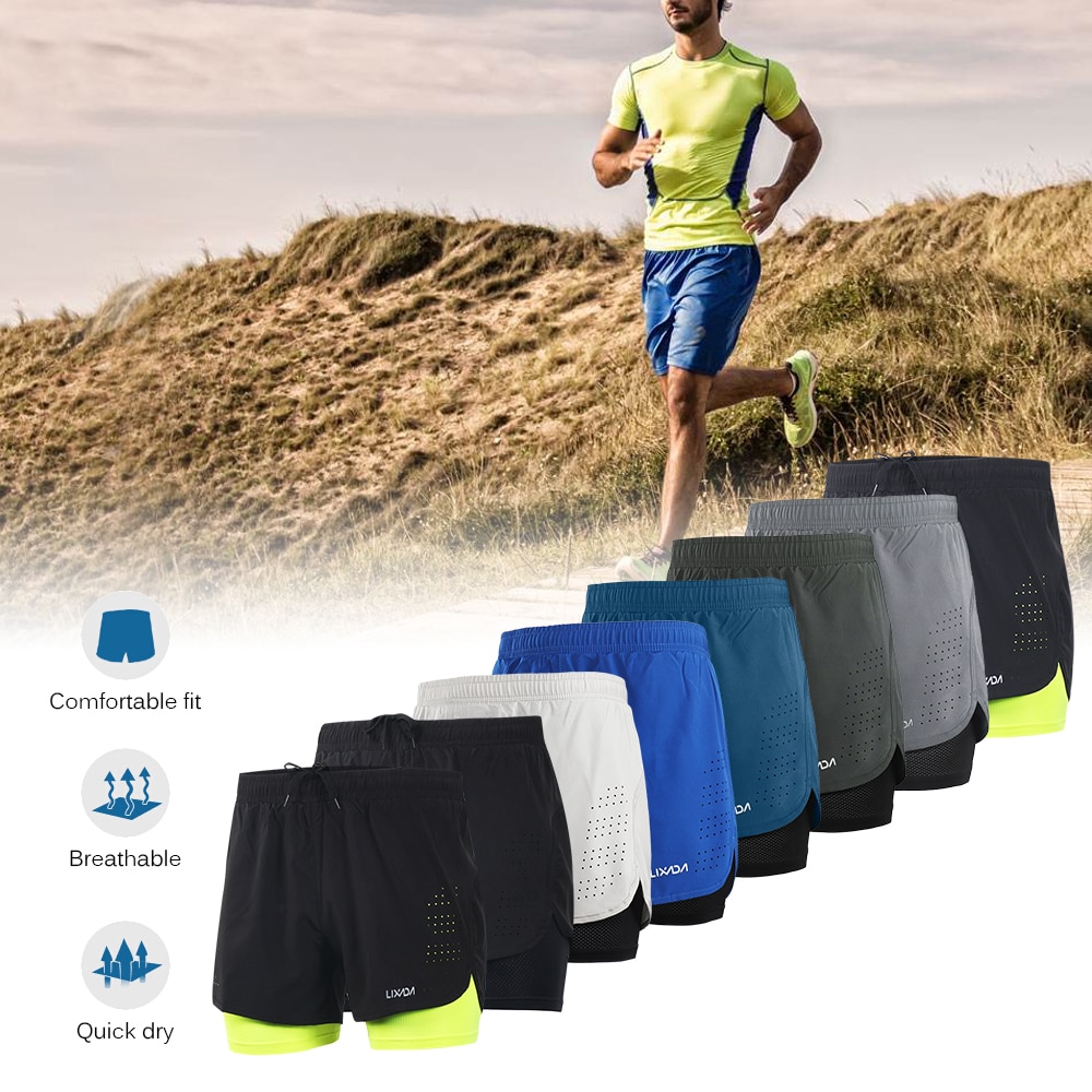 Lixada Gym Mens Sport 2-in-1 Running Shorts Running Shorts Quick Drying Exercise Jogging Cycling Shorts with Longer Liner