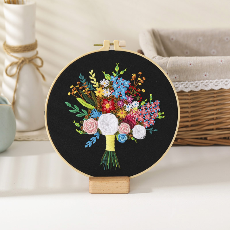 Flower Pattern Stamped Embroidery Kits DIY Embroidery Starter Kit With Bamboo Embroidery Hoop Cross Stitch Sewing Craft: Nongqingmiyi