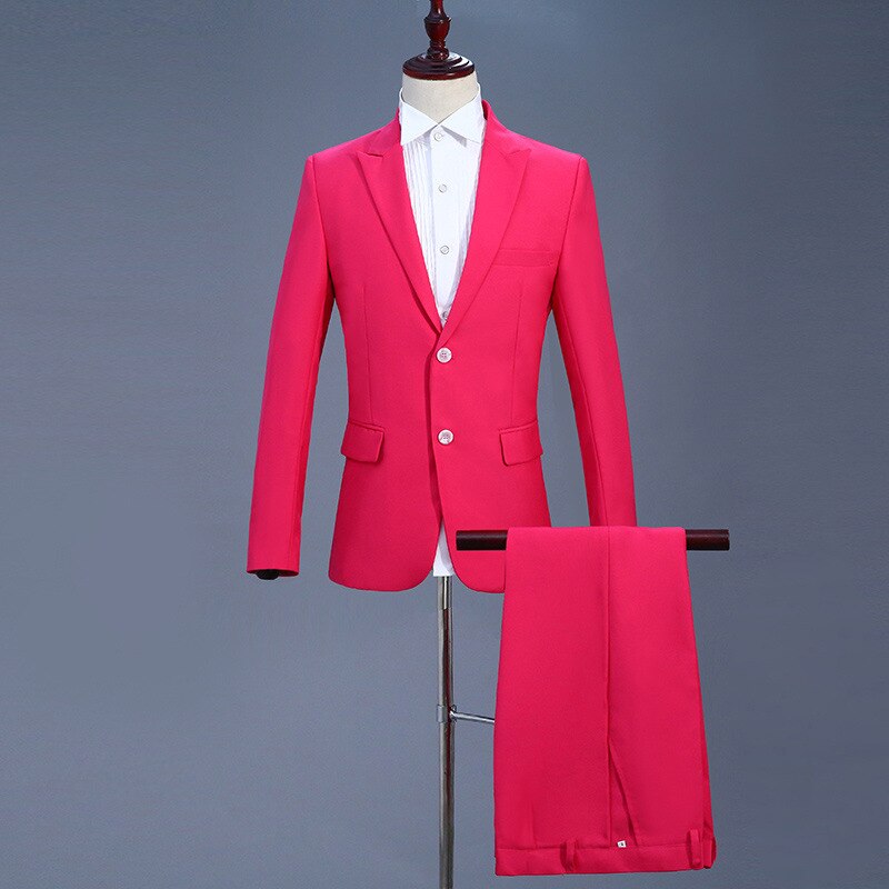 Men's 2 Piece Rose Red Suits With Pants Brand Slim Fit Single Breasted Formal Business Dress Suit Men For Wedding XXL: M