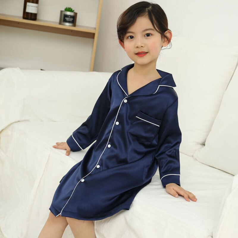 enfants fille robe de nuit bébé filles Satin soie pyjamas filles Soild peignoir et nuisette vêtements de nuit pour enfants soie robe de nuit: Bleu / 3T