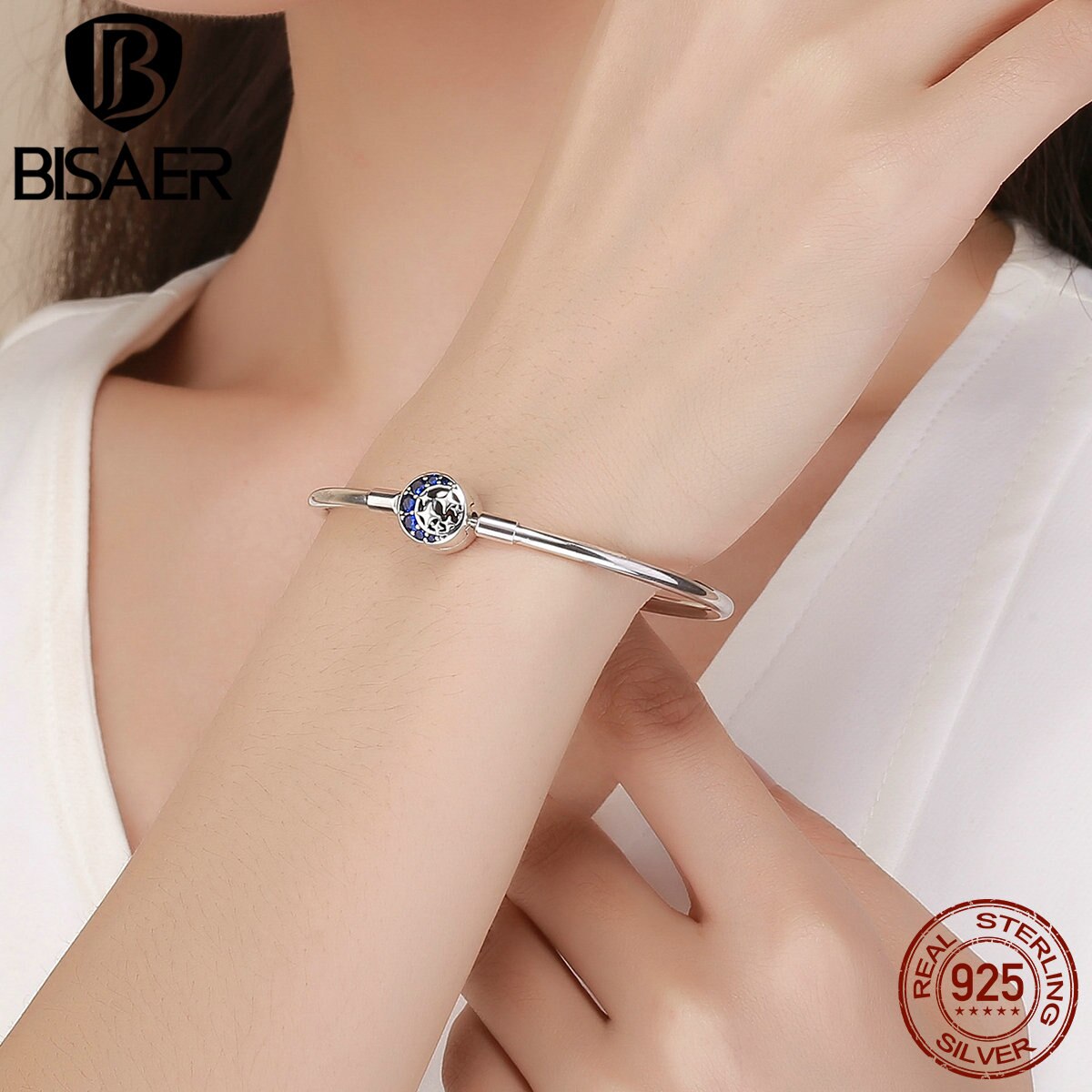 Bracciale Femme braccialetti a forma di luna e stella in argento Sterling 925 per donna braccialetti a catena con serpente in argento CZ abbagliante ECB080